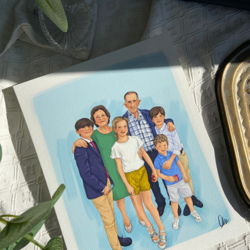 ilustración personalizada de fotografía familiar, abuelos y nietos dibujo familiar